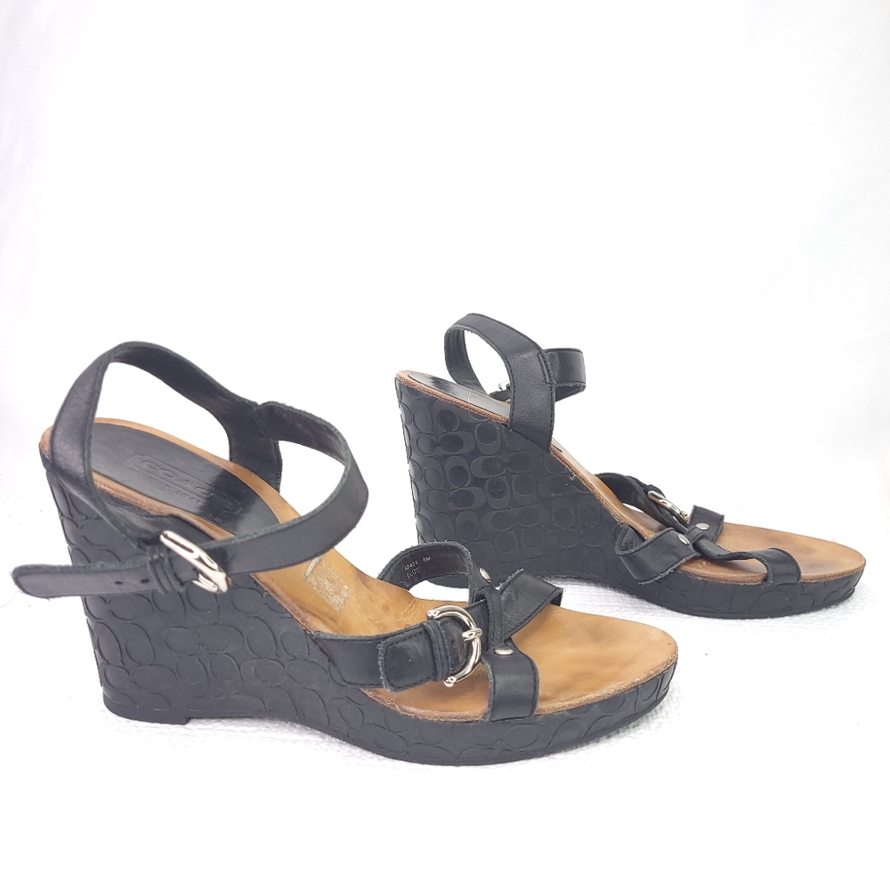 Coach Elize Signature Print Wedge Heels Black Leather Open Toe Sandal Shoes Sz 8
